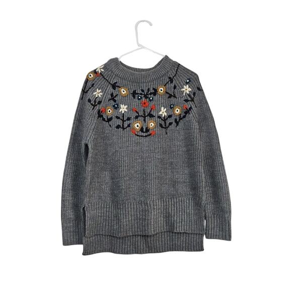 Zara Handmade Knit Floral Embroidery Sweater Sz Medium Side Slits Cozy Ribbed - Picture 1 of 9